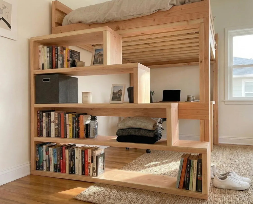 DIY Queen Size Loft Bed Plan PDF: Built-In Stair Shelves, Desk Included